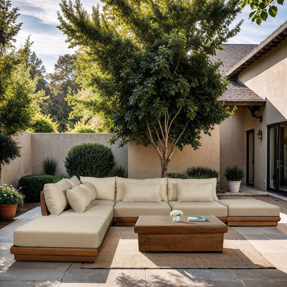 Meridian Furniture Mirella Six Piece Teak Modular Outdoor Sectional with Water Resistant Cushions 111Tan-Sec6E
