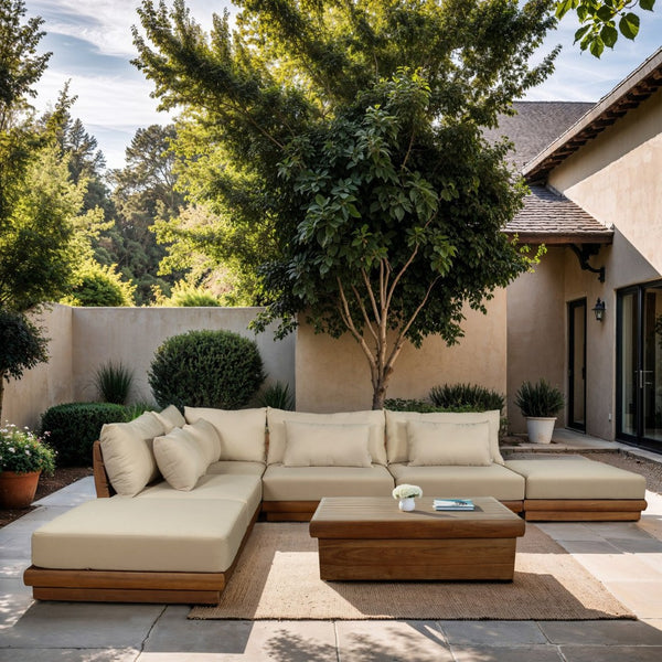 Meridian Furniture Mirella Six Piece Teak Modular Outdoor Sectional with Water Resistant Cushions 111Tan-Sec6E