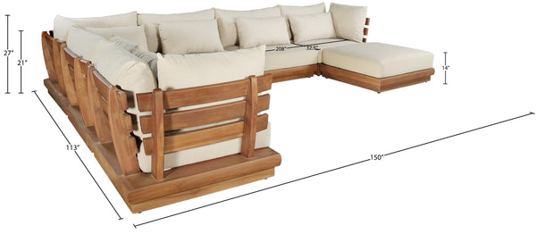 Meridian Furniture Mirella 7 Piece Teak Outdoor Modular Sectional with Water Resistant Fabric Cushions 111Tan-Sec7A