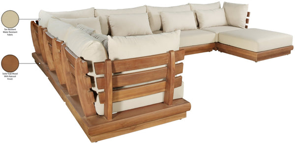 Meridian Furniture Mirella 7 Piece Teak Outdoor Modular Sectional with Water Resistant Fabric Cushions 111Tan-Sec7A