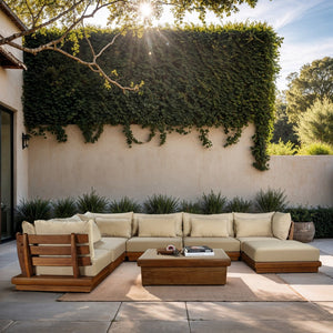 Meridian Furniture Mirella 7 Piece Teak Outdoor Modular Sectional with Water Resistant Fabric Cushions 111Tan-Sec7A