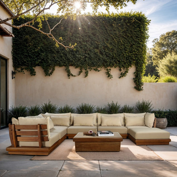 Meridian Furniture Mirella 7 Piece Teak Outdoor Modular Sectional with Water Resistant Fabric Cushions 111Tan-Sec7A