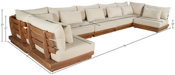 Meridian Furniture Mirella 7 Piece Teak Outdoor Modular Sectional with Water Resistant Plush Cushions 111Tan-Sec7B