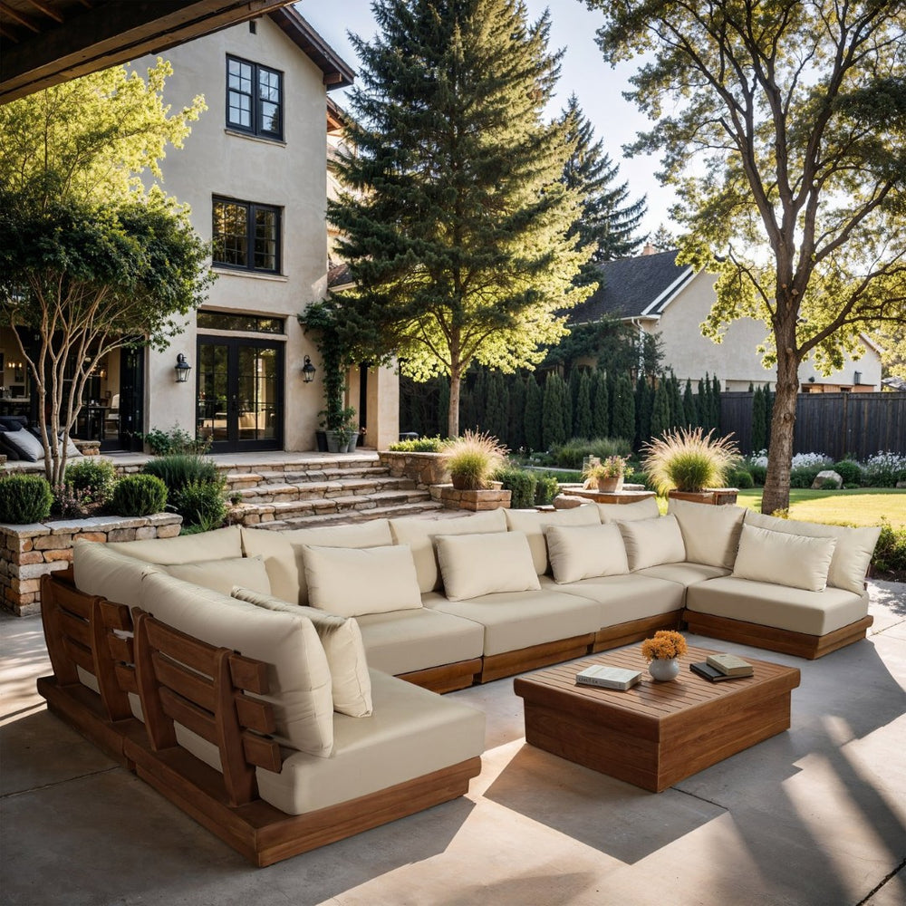 Meridian Furniture Mirella 7 Piece Teak Outdoor Modular Sectional with Water Resistant Plush Cushions 111Tan-Sec7B