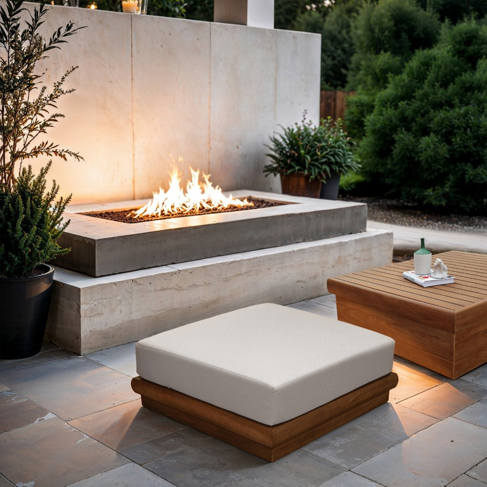 Meridian Furniture Mirella Teak Frame Modular Outdoor Ottoman with Plush Water Resistant Cushioned Seat Off-White 111White-Ott