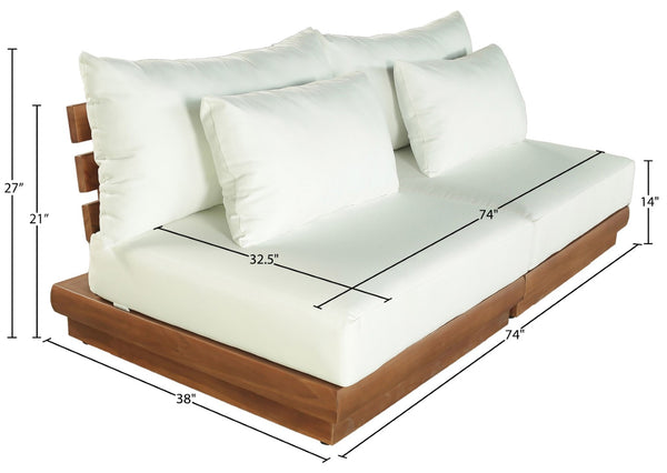Meridian Furniture Mirella Teak Frame Outdoor Modular Sofa with Water Resistant Cushions for Patio Lounging 111White-S2B