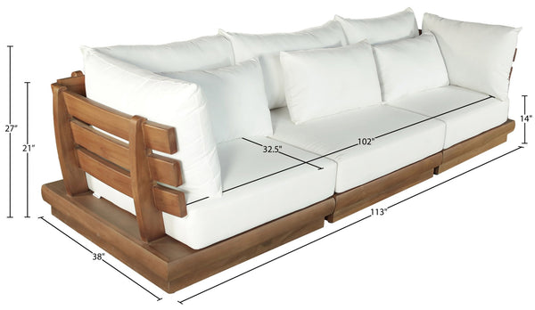 Meridian Furniture Mirella Solid Teak Frame Outdoor Modular Sofa with Plush Water Resistant Cushions for Patio Off-White 3pc. 113" W - A 111White-S3A