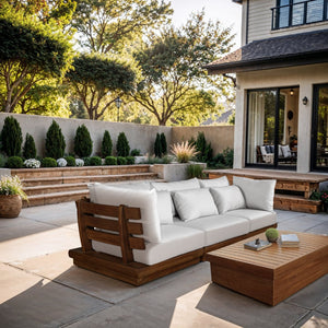 Meridian Furniture Mirella Solid Teak Frame Outdoor Modular Sofa with Plush Water Resistant Cushions for Patio Off-White 3pc. 113" W - A 111White-S3A