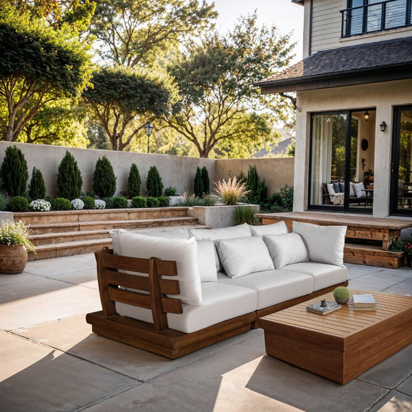 Meridian Furniture Mirella Solid Teak Frame Outdoor Modular Sofa with Plush Water Resistant Cushions for Patio Off-White 3pc. 113" W - A 111White-S3A