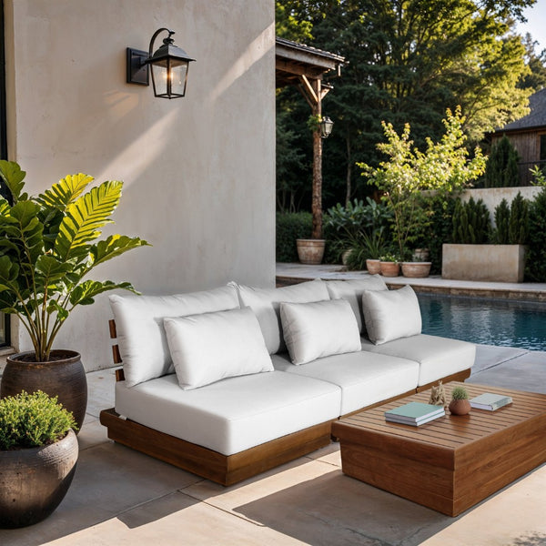 Meridian Furniture Mirella Solid Teak Frame Outdoor Modular Sofa with Plush Water Resistant Cushions for Patio Off-White 3pc. 111" W - A 111White-S3B