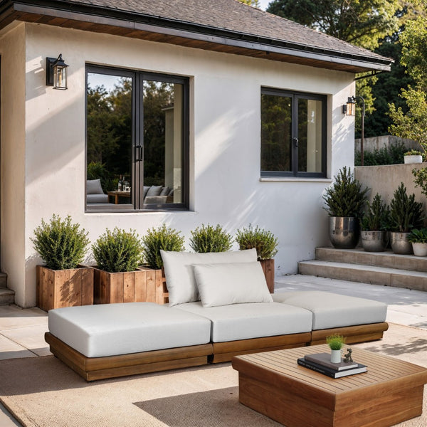 Meridian Furniture Mirella Solid Teak Frame Outdoor Modular Sofa with Plush Water Resistant Cushions for Patio Off-White 3pc. 111" W - B 111White-S3C