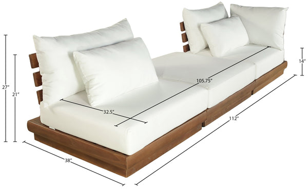 Meridian Furniture Mirella Solid Teak Frame Outdoor Modular Sofa with Plush Water Resistant Cushions for Patio Off-White 3pc. 112" W 111White-S3D