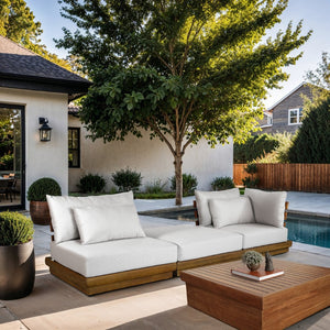 Meridian Furniture Mirella Solid Teak Frame Outdoor Modular Sofa with Plush Water Resistant Cushions for Patio Off-White 3pc. 112" W 111White-S3D