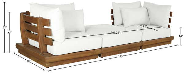 Meridian Furniture Mirella Solid Teak Frame Outdoor Modular Sofa with Plush Water Resistant Cushions for Patio Off-White 3pc. 113" W - B 111White-S3E