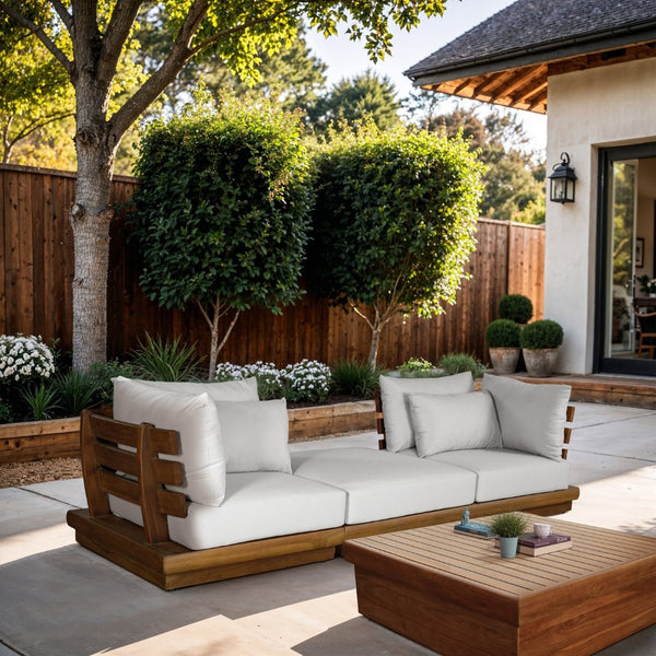 Meridian Furniture Mirella Solid Teak Frame Outdoor Modular Sofa with Plush Water Resistant Cushions for Patio Off-White 3pc. 113" W - B 111White-S3E