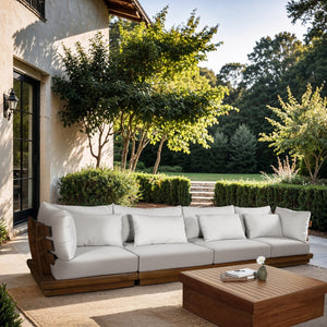 Meridian Furniture Mirella Solid Teak Frame Outdoor Modular Sofa with Plush Water Resistant Cushions for Patio Off-White 4pc. 150" W 111White-S4A