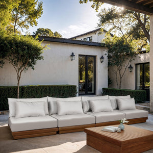 Meridian Furniture Mirella Solid Teak Frame Outdoor Modular Sofa with Plush Water Resistant Cushions for Patio Off-White 4pc. 148" W - A 111White-S4B