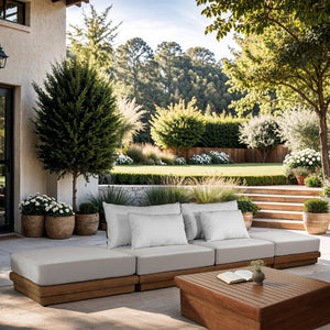 Meridian Furniture Mirella Solid Teak Frame Outdoor Modular Sofa with Plush Water Resistant Cushions for Patio Off-White 4pc. 148" W - B 111White-S4C