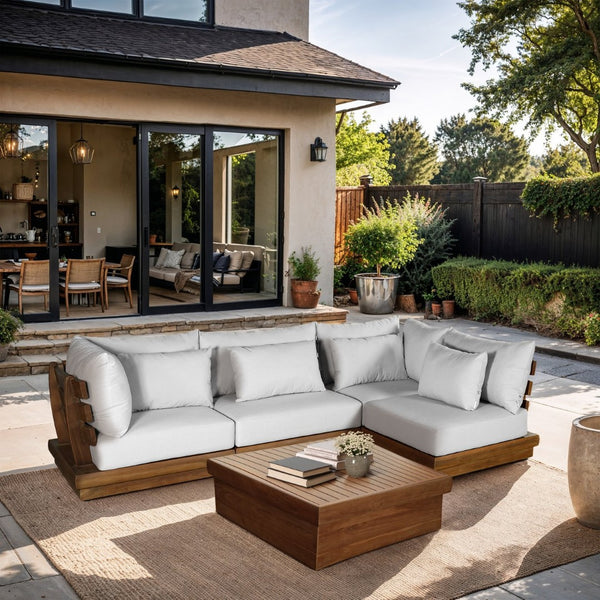 Meridian Furniture Mirella Solid Teak Outdoor Modular Sectional with Water Resistant Plush Cushions 111White-Sec4B