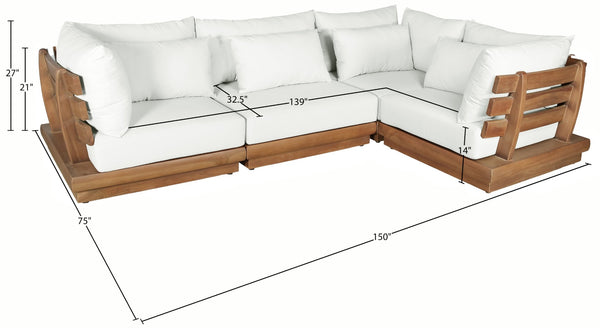 Meridian Furniture Mirella Four Piece Outdoor Modular Sectional Solid Teak Frame Resort Patio Seating 111White-Sec4C