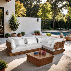 Meridian Furniture Mirella Four Piece Outdoor Modular Sectional Solid Teak Frame Resort Patio Seating 111White-Sec4C