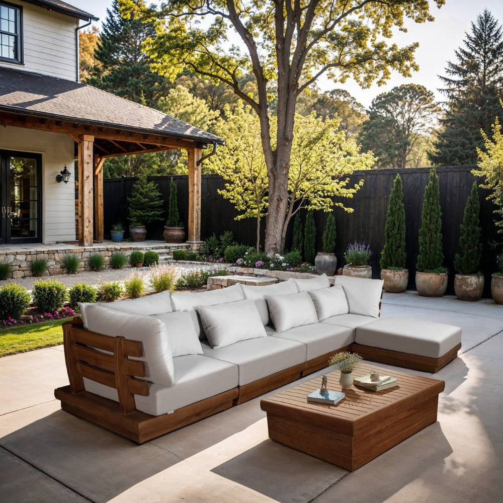 Meridian Furniture Mirella Teak Outdoor Modular Sectional with Weather Resistant Cushions Resort Style 111White-Sec5A