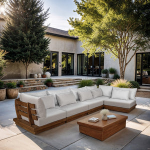 Meridian Furniture Mirella Outdoor Modular Sectional Solid Teak Frame Resort Style Patio Seating 111White-Sec5B