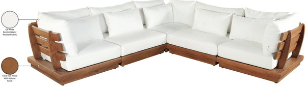 Meridian Furniture Mirella Five Piece Teak Frame Outdoor Modular Sectional with Water Resistant Cushions 111White-Sec5C