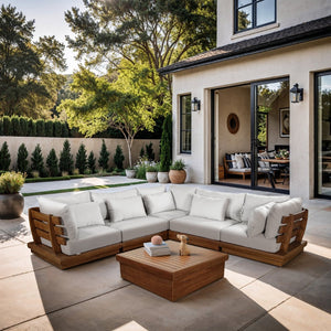 Meridian Furniture Mirella Five Piece Teak Frame Outdoor Modular Sectional with Water Resistant Cushions 111White-Sec5C