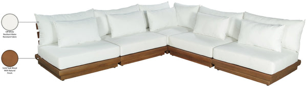 Meridian Furniture Mirella Outdoor Solid Teak Five Piece Modular Sectional with Water Resistant Cushions 111White-Sec5D