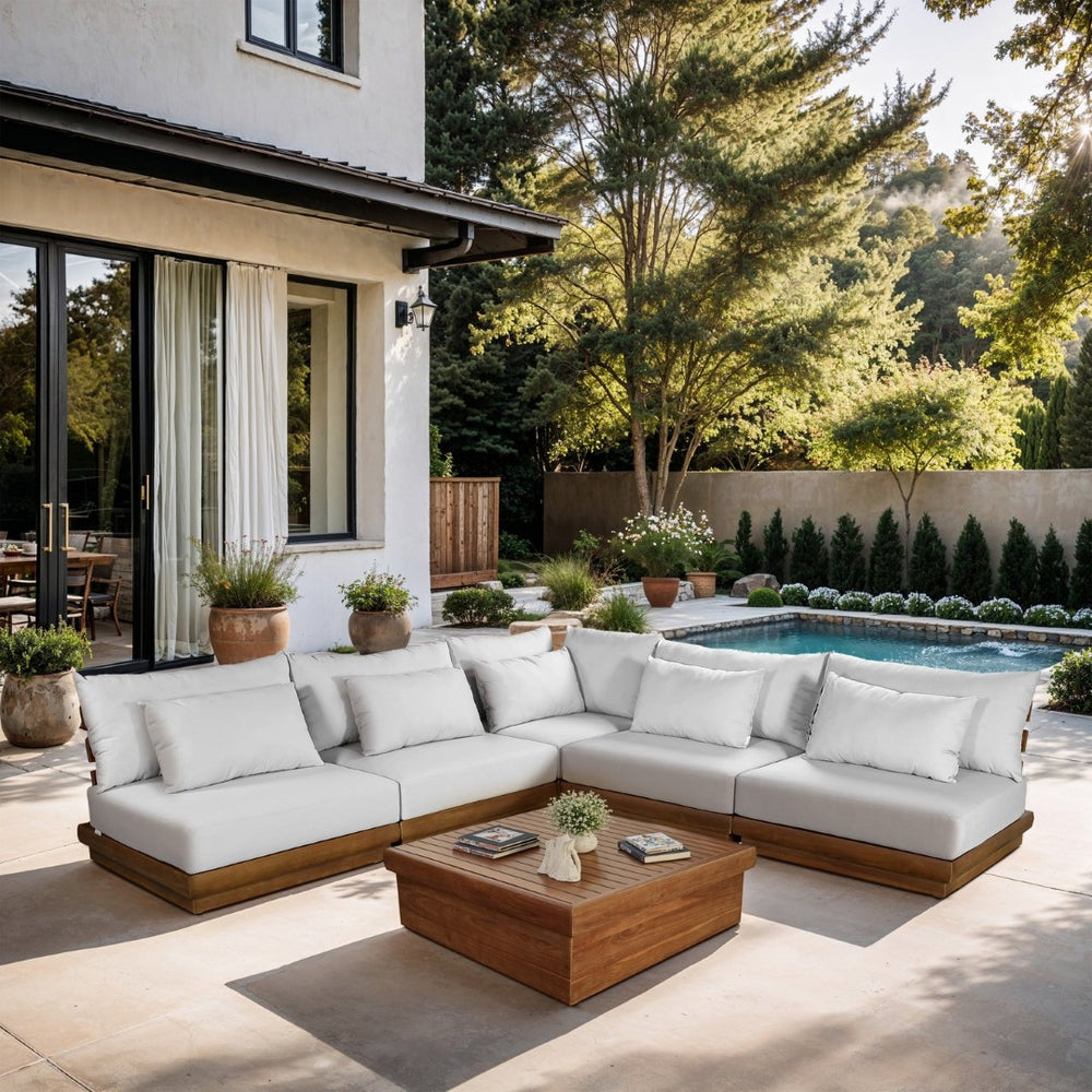 Meridian Furniture Mirella Outdoor Solid Teak Five Piece Modular Sectional with Water Resistant Cushions 111White-Sec5D