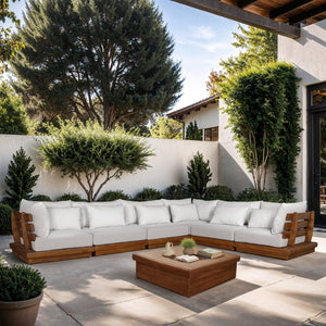 Meridian Furniture Mirella Six Piece Teak Modular Outdoor Sectional with Water Resistant Fabric Cushions 111White-Sec6A