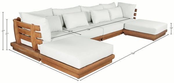 Meridian Furniture Mirella Six Piece Modular Outdoor Sectional with Teak Frame and Resort Style Cushions 111White-Sec6B