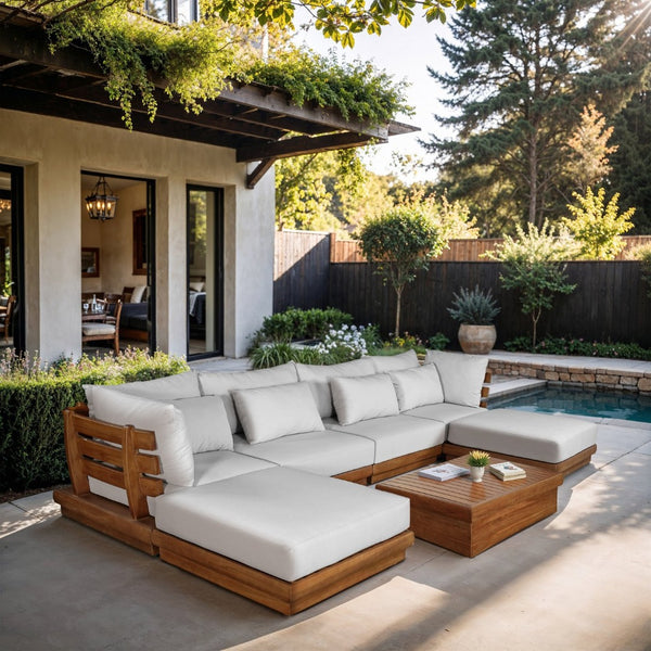 Meridian Furniture Mirella Six Piece Modular Outdoor Sectional with Teak Frame and Resort Style Cushions 111White-Sec6B