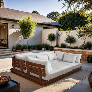Meridian Furniture Mirella Six Piece Outdoor Modular Sectional Solid Teak Frame Water Resistant Fabric 111White-Sec6C