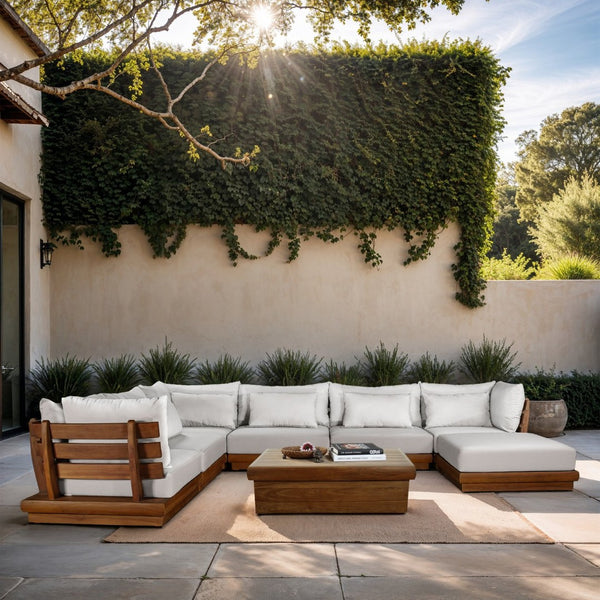 Meridian Furniture Mirella 7 Piece Modular Outdoor Sectional Solid Teak Frame Water Resistant Fabric 111White-Sec7A