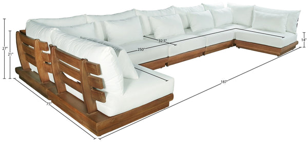 Meridian Furniture Mirella Solid Teak 7 Piece Modular Outdoor Sectional with Water Resistant Cushions 111White-Sec7B