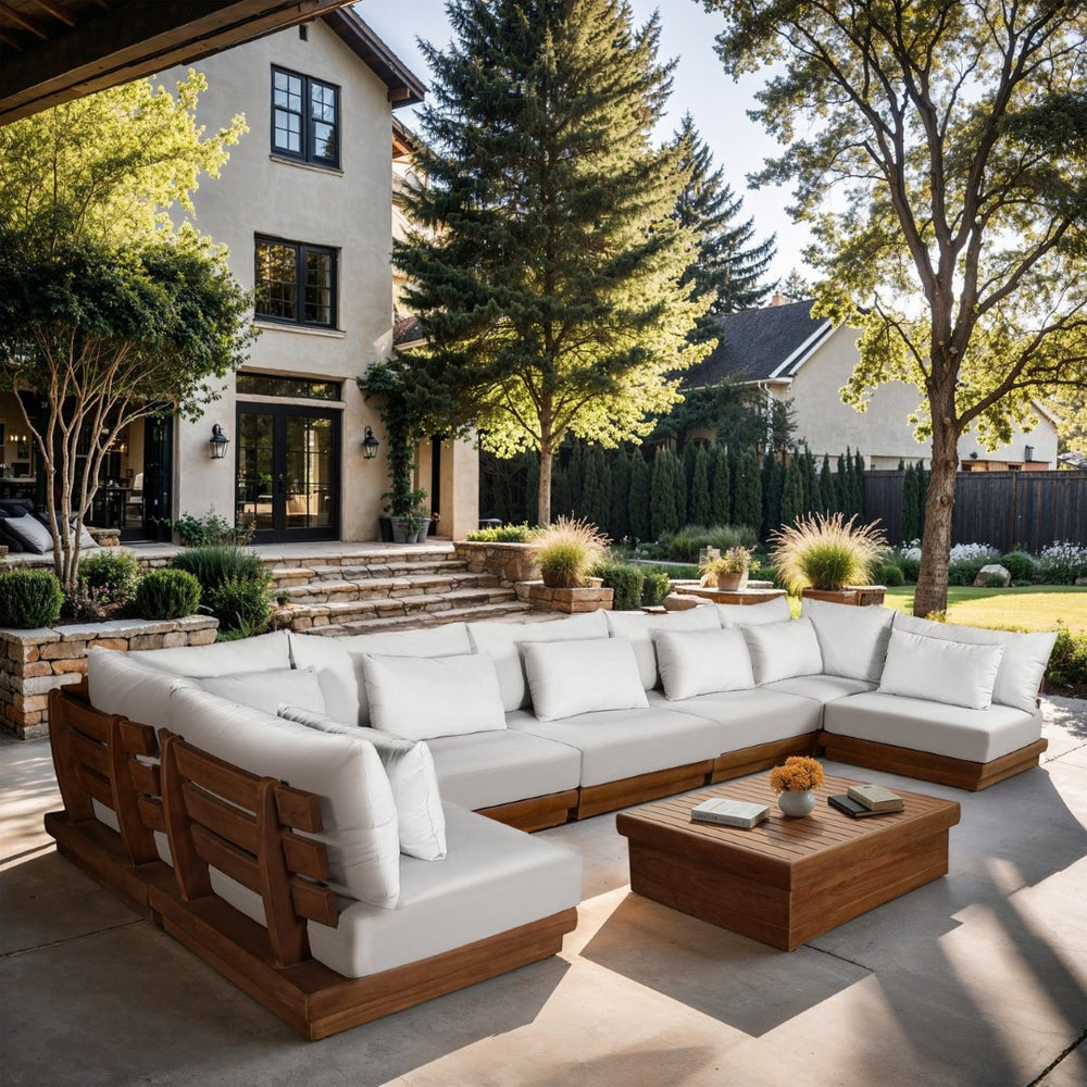 Meridian Furniture Mirella Solid Teak 7 Piece Modular Outdoor Sectional with Water Resistant Cushions 111White-Sec7B