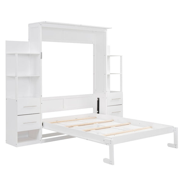 English Elm Full Size Murphy Wall Bed with Led Lighting Shelves Drawers and Fold Down Storage LP100565AAK