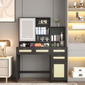 English Elm Makeup Vanity with Lights, Openable Mirror & Ample Storage Shelves, 4 Drawers and Cabinet Elegance Black W2227P160482