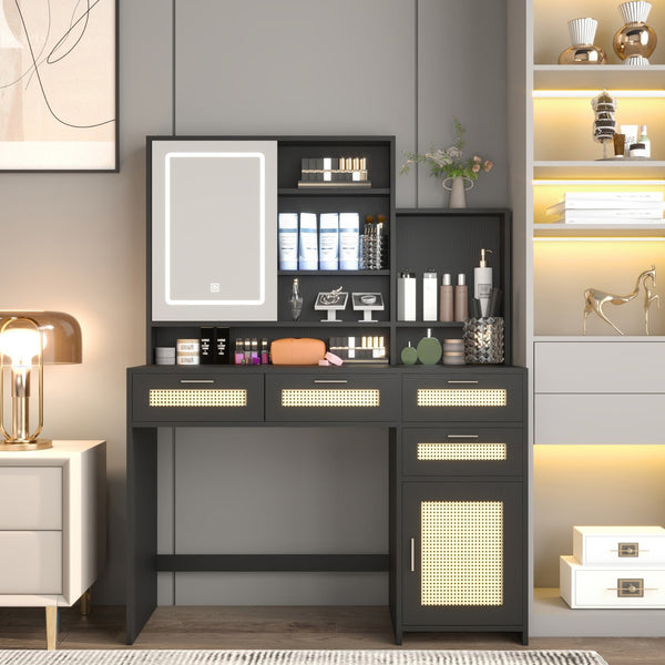 English Elm Makeup Vanity with Lights, Openable Mirror & Ample Storage Shelves, 4 Drawers and Cabinet Elegance Black W2227P160482