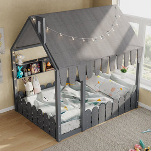 English Elm {slats Are Not Included} Twin Montessori House Floor Bed Kids Tent Lights Shelves Pinewood Frame Gray N708P407963E