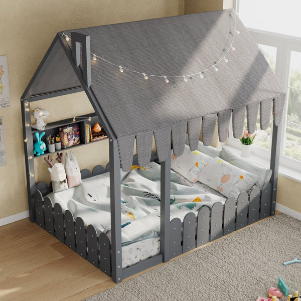 English Elm {slats Are Not Included} Twin Montessori House Floor Bed Kids Tent Lights Shelves Pinewood Frame Gray N708P407963E