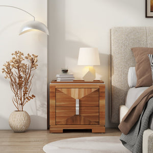 English Elm Mid-century Modern Nightstand with Diamond Geometric Drawers and Heavy Duty Wood Base Light Brown N761P324094M