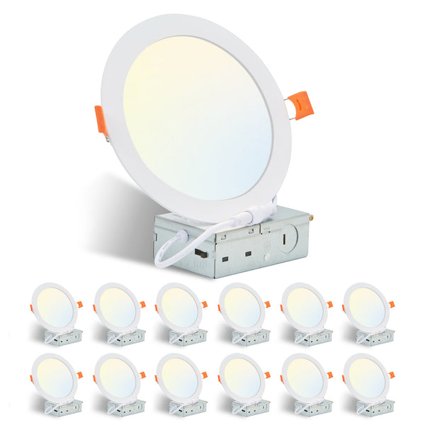 English Elm 6 Inch LED Recessed Ceiling Lights 12-Pack Ultra-Thin 9W 2700-5000K Dimmable Junction Box ETL W2312P375000