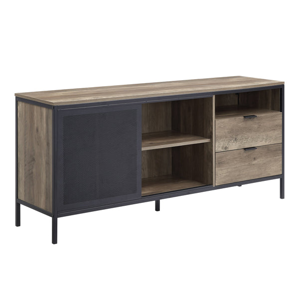English Elm Rustic 63" Oak & Black TV Stand with Metal Frame, 2 Drawers, 5 Compartments, Knock-Down Design for Easy Assembly and Transport B062S00571