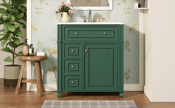 English Elm Bathroom Vanity with Sink French-Inspired 30" Ceramic Basin Vanity Cabinet with Soft-Close Doors & Drawer Organizer Green N710P286723F