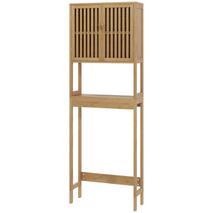 English Elm HOMCOM Bamboo Floor Cabinet Bathroom Organizer Tower with Shelved Storage, Slatted Doors & Elevated Base Natural Wood W2225P217003