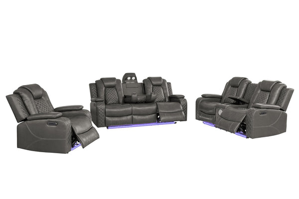 English Elm Violetglow Reclining Sofa with Led Lighting Wireless Charging and Bluetooth Speakers Grey B2730S00035