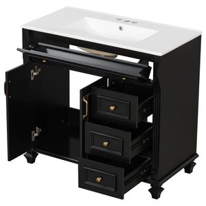 English Elm 36" Modern Bathroom Vanity with Ceramic Sink, Gold Handles, Flip-Out Drawer & Soft-Close Doors Black N725P283623B